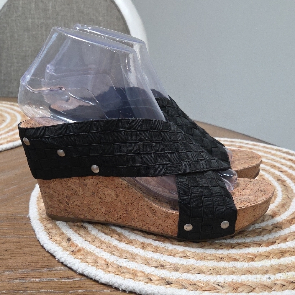 Lucky Brand Black Woven Cork Wedge Sandals
